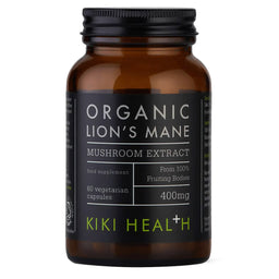 Amber bottle of Organic Lion's Mane Mushroom Extract by KIKI Health on a white background
