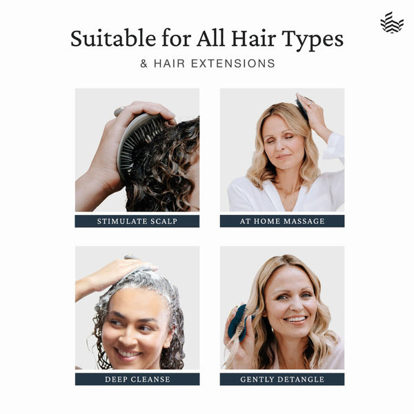 Promotional graphic for a hair care tool, showing four lifestyle panels with women and hands using the product on hair. Text at the top reads 'Suitable for All Hair Types & Hair Extensions' with labels below each panel: 'Stimulate Scalp,' 'At Home Massage,' 'Deep Cleanse,' and 'Gently Detangle.