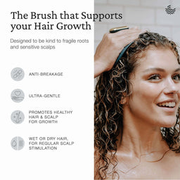 Promotional graphic for a hair growth brush, featuring a woman with wet curly hair on the right and text on the left highlighting benefits like anti-breakage, ultra-gentle handling, and support for hair and scalp growth.