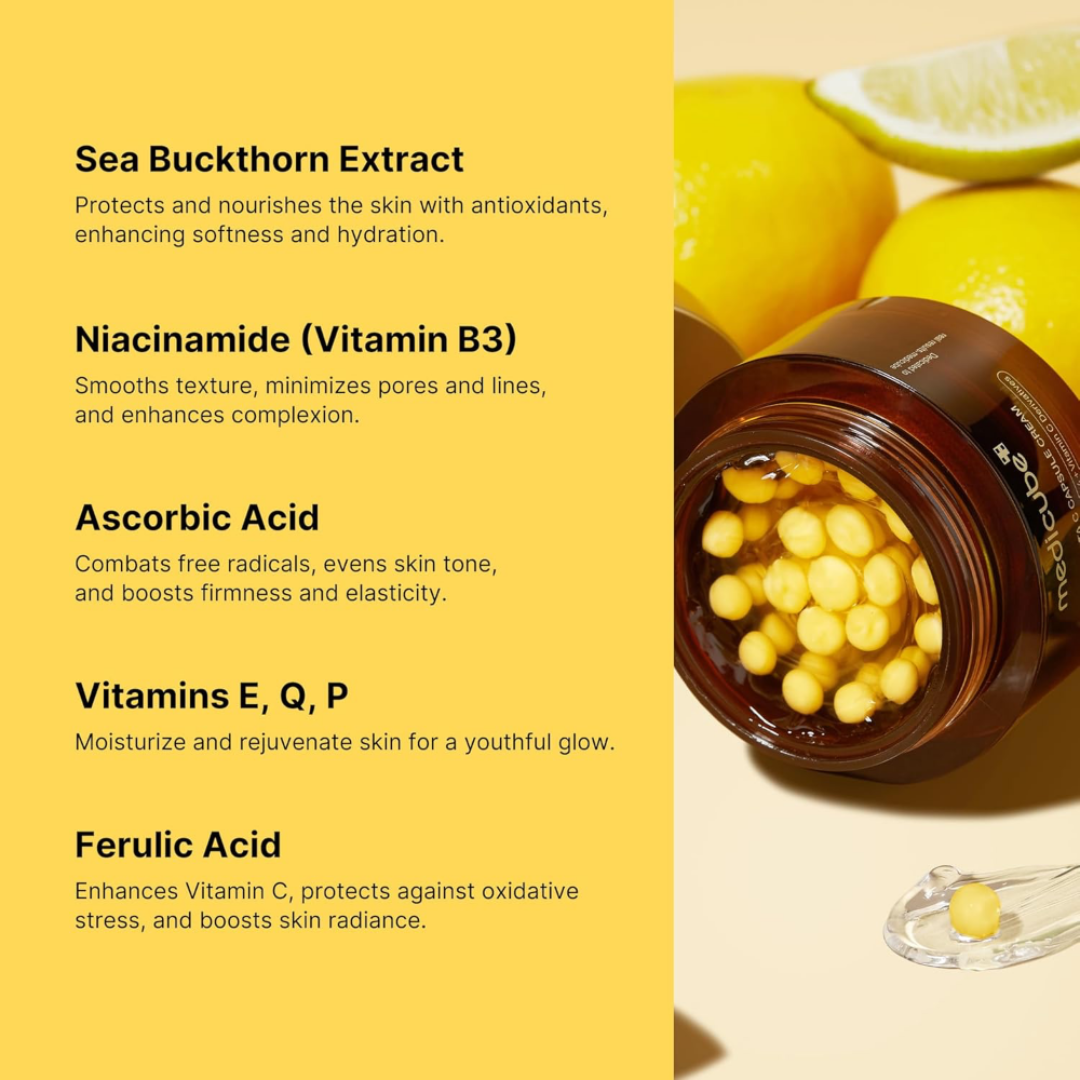 Skincare product with ingredients listed on a yellow background