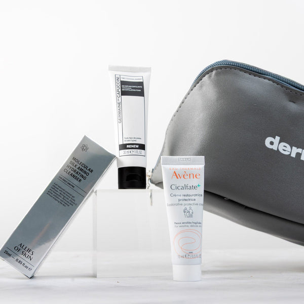 Dermalogica skincare products including a tube and a pouch on a white background