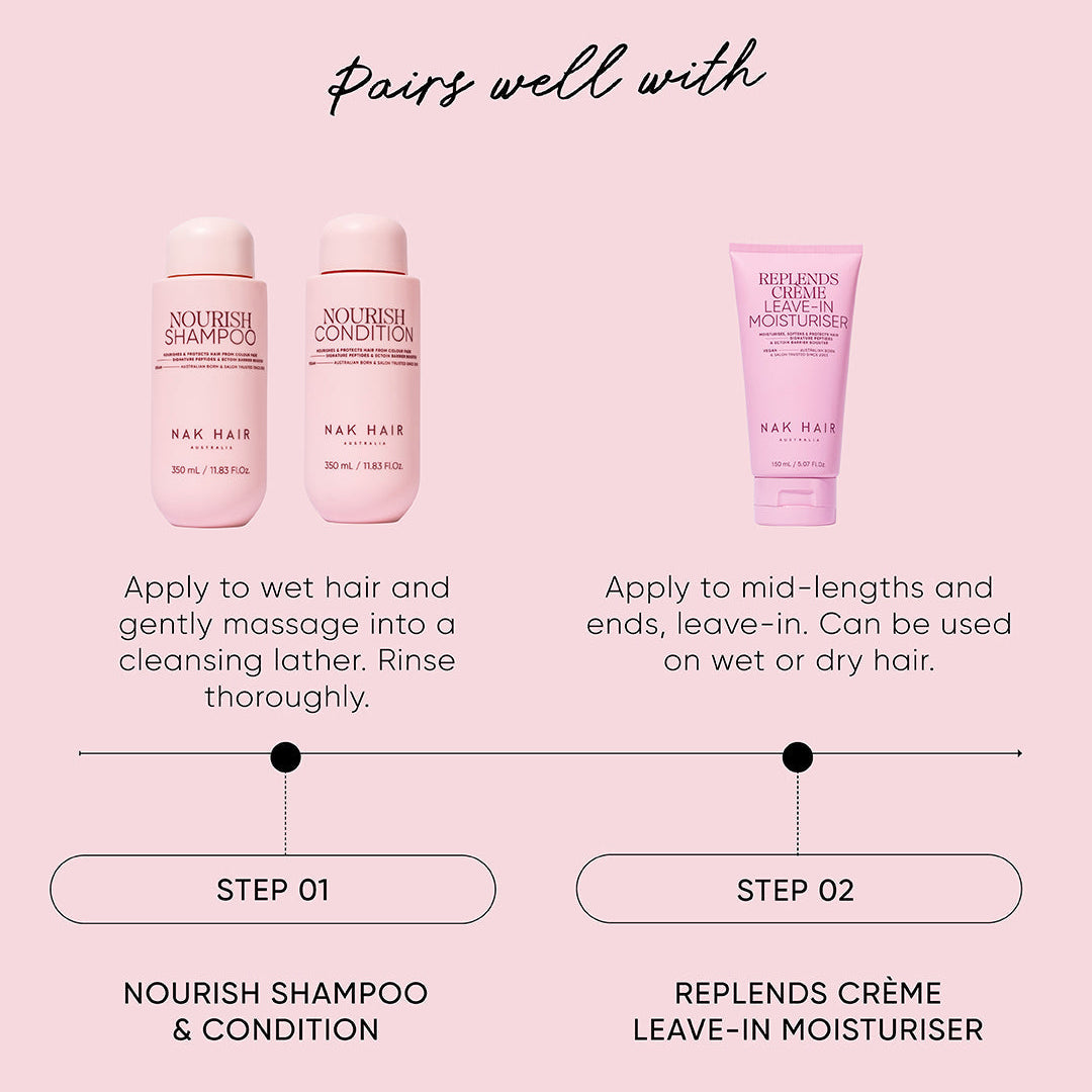 Hair care product set with shampoo, conditioner, and crème leave-in moisturiser on a pink background.