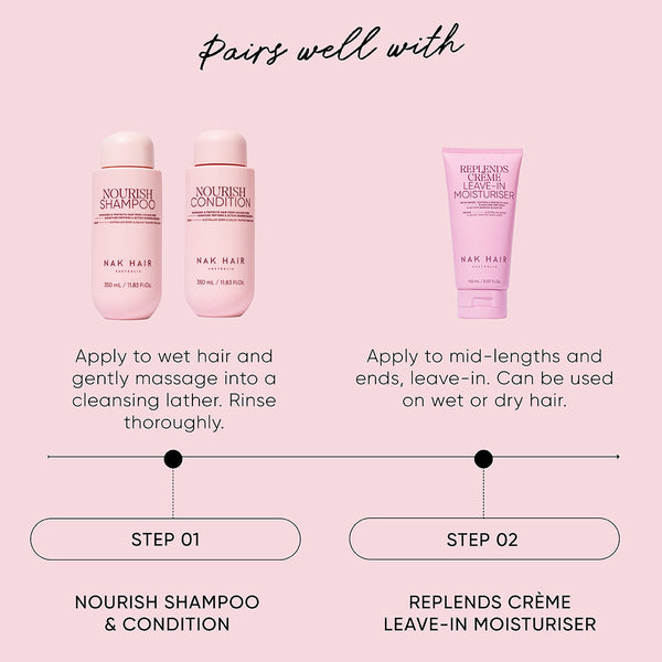 Hair care product set with shampoo, conditioner, and crème leave-in moisturiser on a pink background.