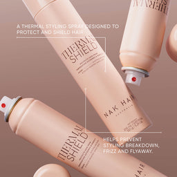 Nak Hair Thermal Shield styling spray bottles on a brown background