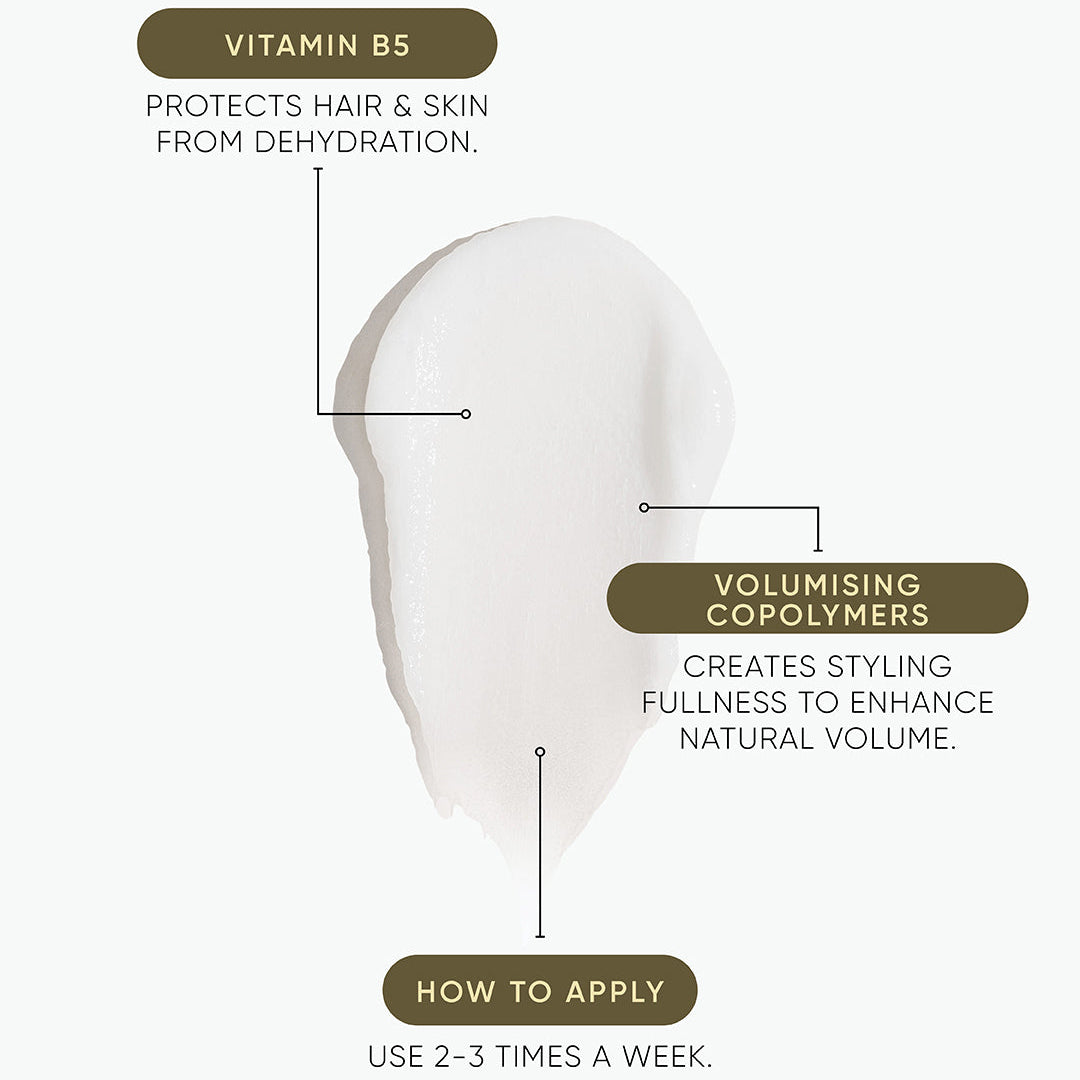 Product packaging with text about vitamin B5 and volumising copolymers on a white background