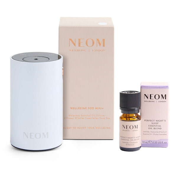 NEOM Wellbeing Pod Mini+ Waterless Essential Oil Diffuser - White and Perfect Night's Sleep Essential Oil Blend Duo (Worth £92)