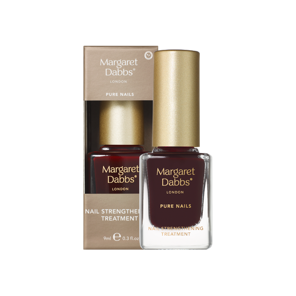 Margaret Dabbs London Pure Nails Nail Strengthener Treatment shown with its gold cap bottle and matching beige packaging box on a white background.