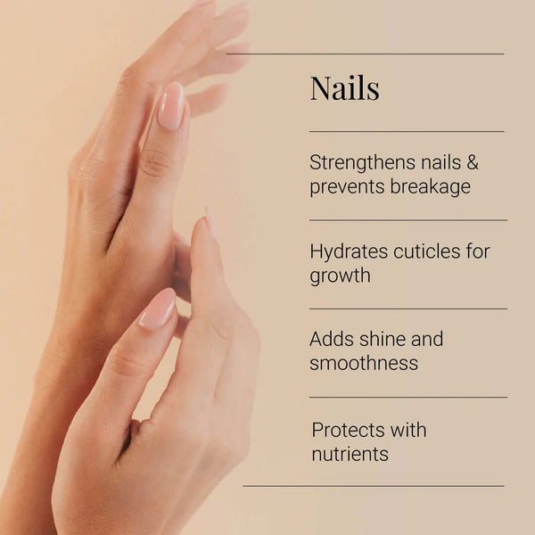 Hands with manicured nails on a beige background with text about nail care benefits.
