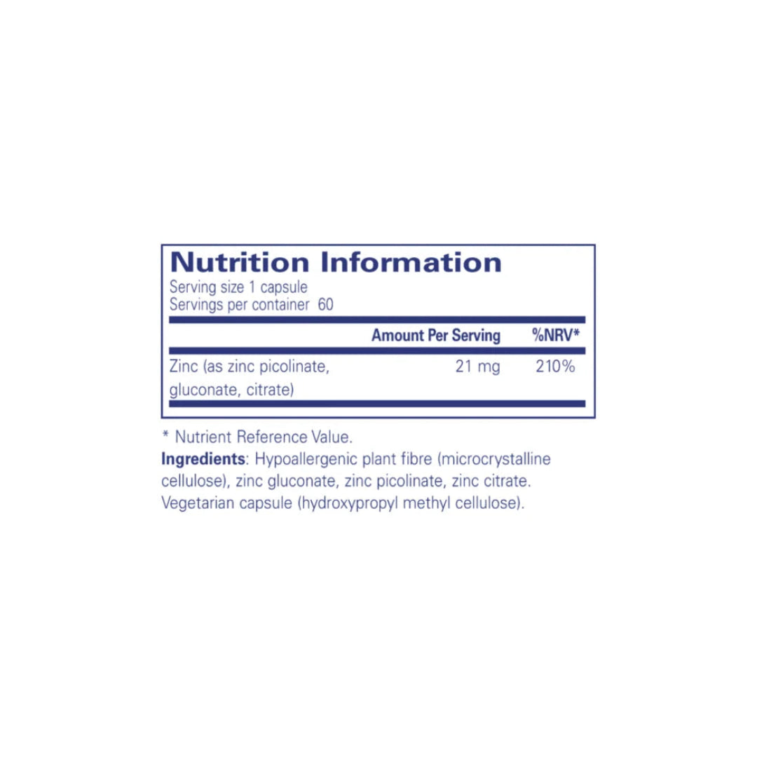 A Nutrition Information label on a white background, showing zinc content and ingredients for a supplement capsule.