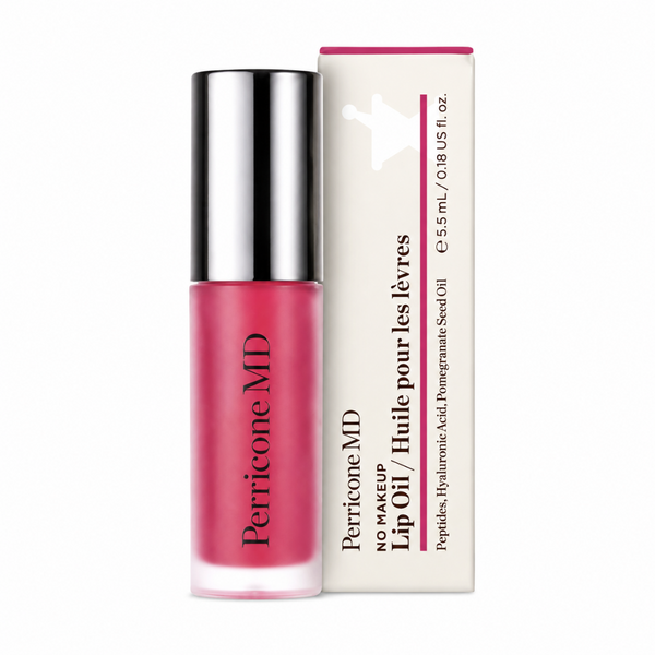 Perricone MD No Map Lip Oil in a vibrant pink shade, shown in a clear bottle with a reflective silver cap next to its cream-colored packaging box.