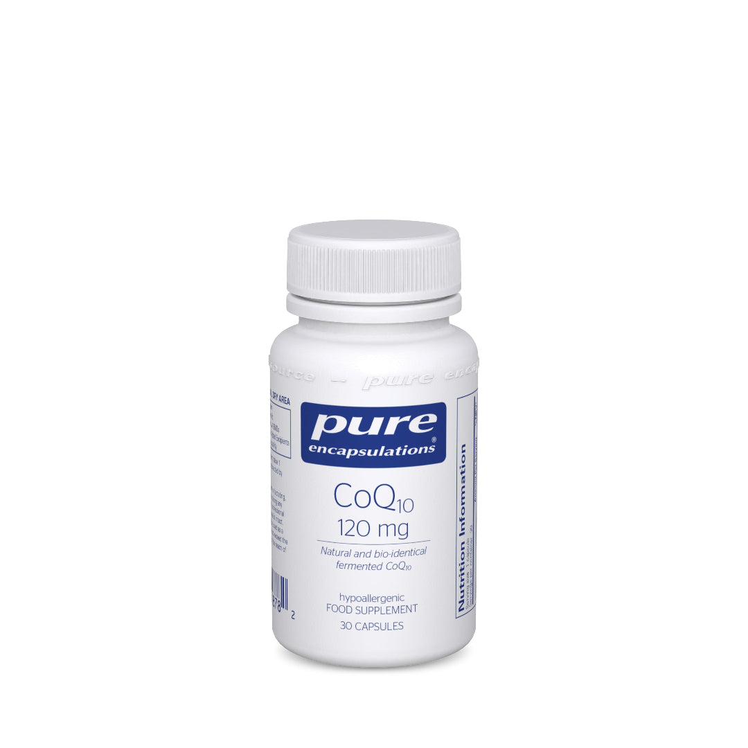 A white plastic bottle of Pure Encapsulations CoQ10 120 mg dietary supplement, shown on a clean white background.