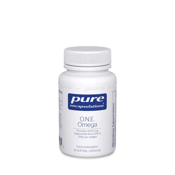 A white plastic bottle of Pure Encapsulations One Omega dietary supplement, featuring a white ribbed cap and a white label with a blue brand logo, set against a plain white background.