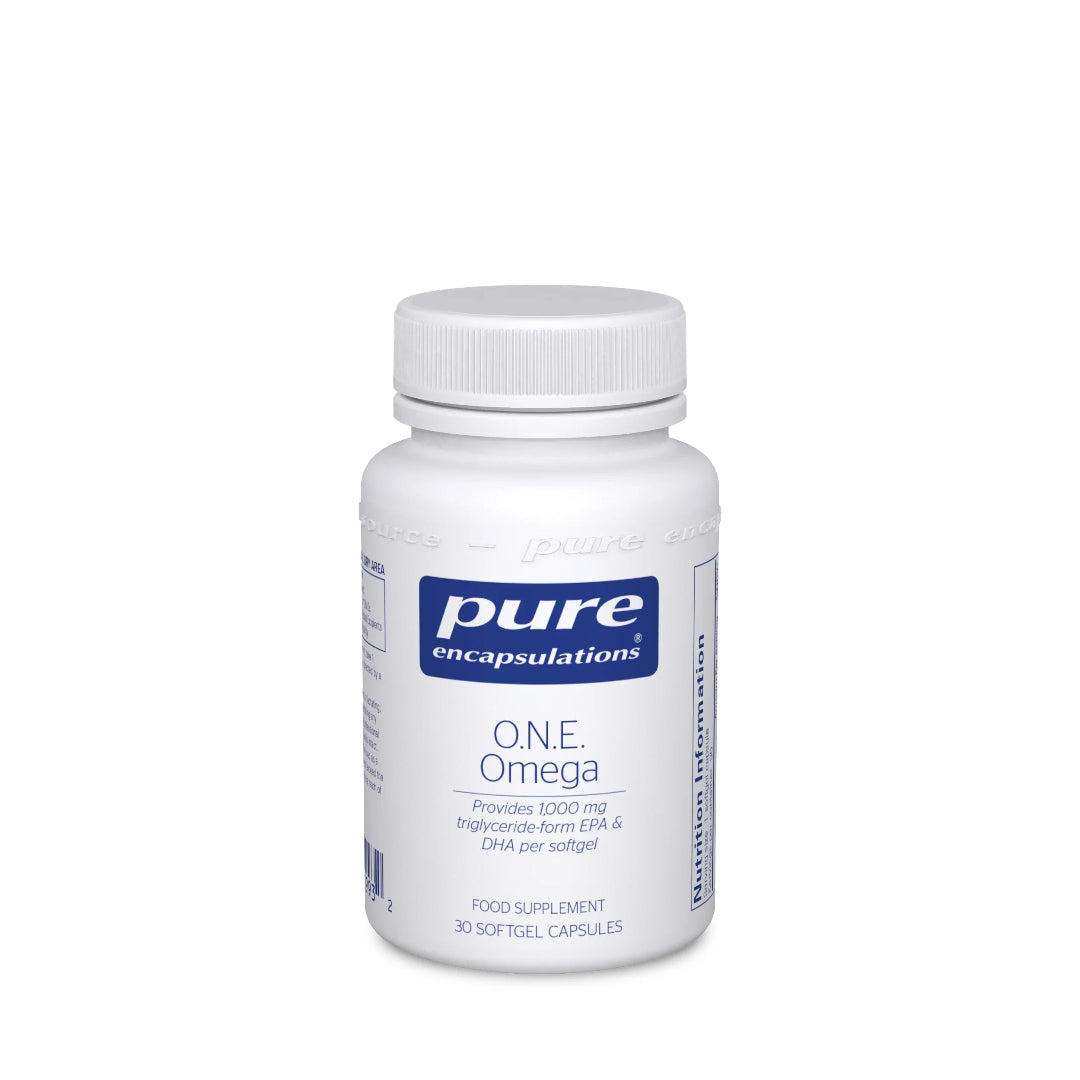 A white plastic bottle of Pure Encapsulations One Omega dietary supplement, featuring a white ribbed cap and a white label with a blue brand logo, set against a plain white background.