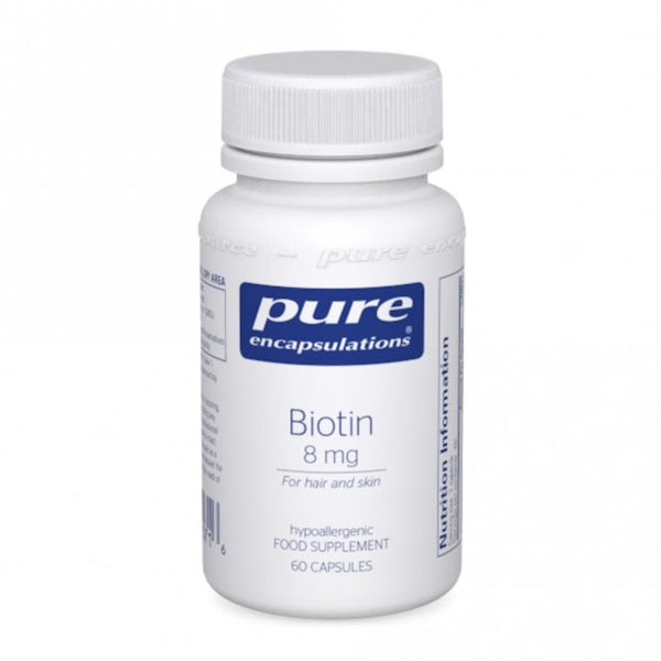 A white plastic bottle of Pure Encapsulations Biotin 8 mg dietary supplement, containing 60 capsules, shown on a plain white background.