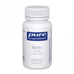 A white plastic bottle of Pure Encapsulations Biotin 8 mg dietary supplement, containing 60 capsules, shown on a plain white background.
