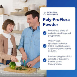 Man and woman preparing food in a kitchen with Poly-ProFlora Powder information overlay.