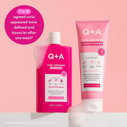 Q+A Curl Defining Shampoo and Conditioner on a pink background