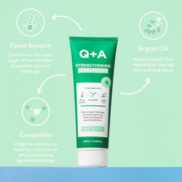 Q+A Strengthening Conditioner tube with plant-based ingredients on a green background