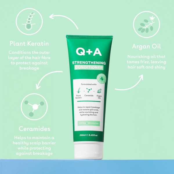 Q+A Strengthening Conditioner tube with plant-based ingredients on a green background