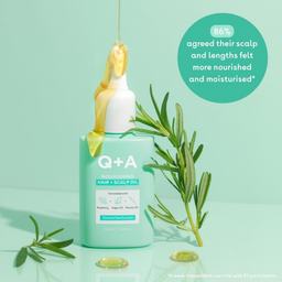 Q+A Nourishing Hair + Scalp Oil bottle with green leaves on a light green background