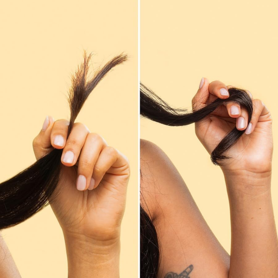 Two images showing a hand holding a section of hair against a yellow background