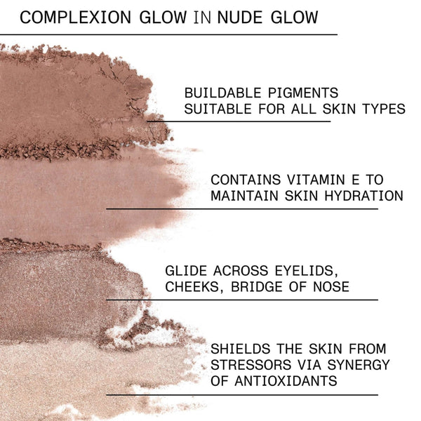 Makeup product with brown and beige shades on a white background, featuring text about product features.