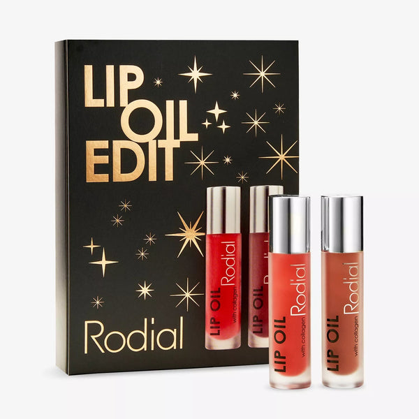 Rodial lip oil set with black packaging featuring 'Lip Oil Edit' text.
