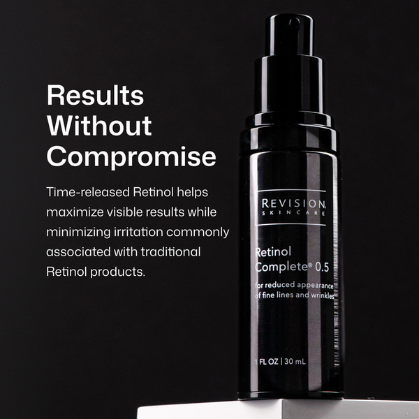 A black pump bottle of Revision Skincare Retinol Complete 0.5 serum displayed on a white pedestal against a black background, with white marketing text on the left.