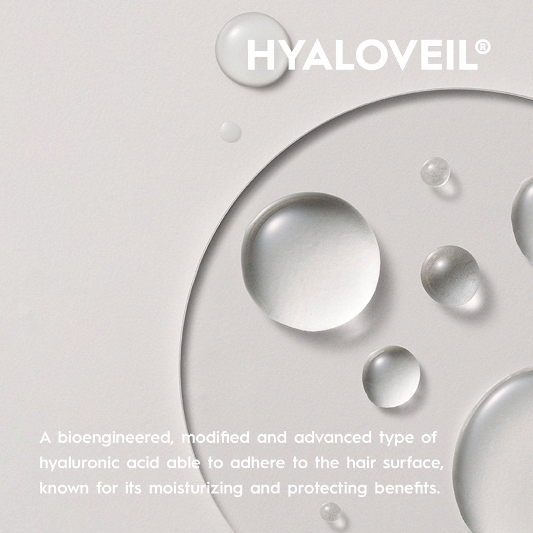 A close-up cosmetic graphic showing clear water droplets on a pale gray surface with the brand name HYALOVEIL at the top and descriptive text at the bottom about hyaluronic acid and hair moisturizing benefits.