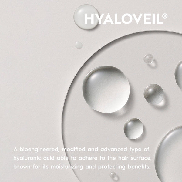 A close-up cosmetic graphic showing clear water droplets on a pale gray surface with the brand name HYALOVEIL at the top and descriptive text at the bottom about hyaluronic acid and hair moisturizing benefits.
