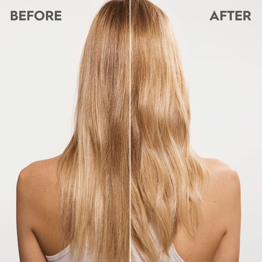 Before and after comparison of a woman's long blonde hair shown from the back, with 'BEFORE' on the left and 'AFTER' on the right against a light gray background.