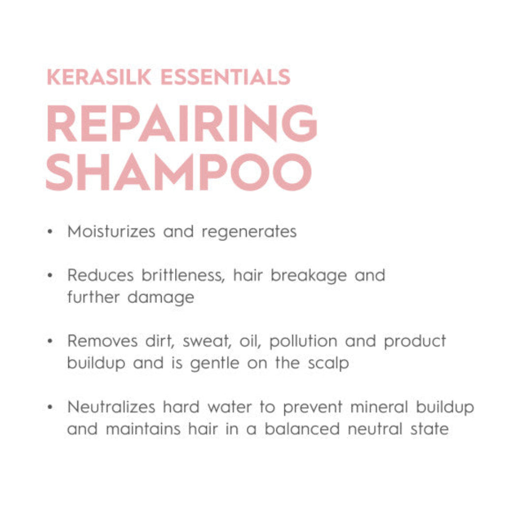 Kerasilk Essentials Repairing Shampoo description on a white background