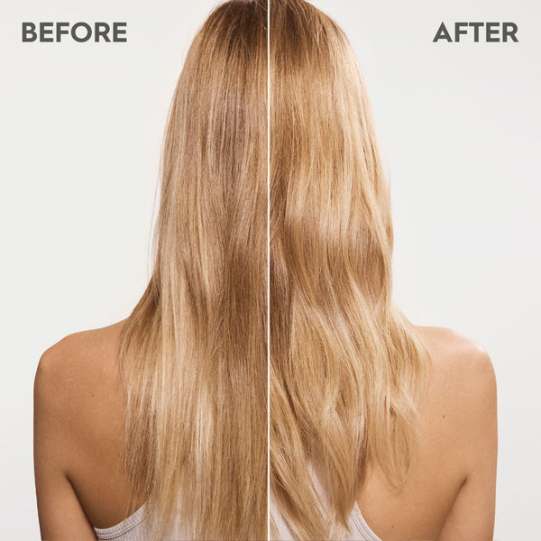 Before and after comparison of blonde hair on a plain background