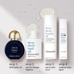 Four skincare and fragrance products from thisworks are arranged on a light textured background with water droplets and labeled steps below: a dark blue perfume bottle with a gold cap ('own time' Eau de Parfum), a white bath oil bottle, a tall white beauty oil tube, and a white pillow spray bottle. Text at the bottom reads 'step 1 6PM switch off', 'step 2 warmth liberates fragrance', 'step 3 add mindful touch', and 'step 4 sustained sleep signal'.