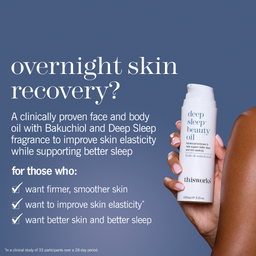 A hand holds a white bottle of thisworks deep sleep beauty oil against a slate blue background with marketing text about overnight skin recovery.