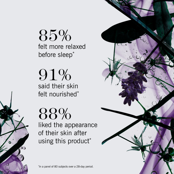 A promotional graphic with three large percentage claims about product benefits over sleep and skin appearance, set on a light gray background with purple floral and leaf illustrations along the right side.