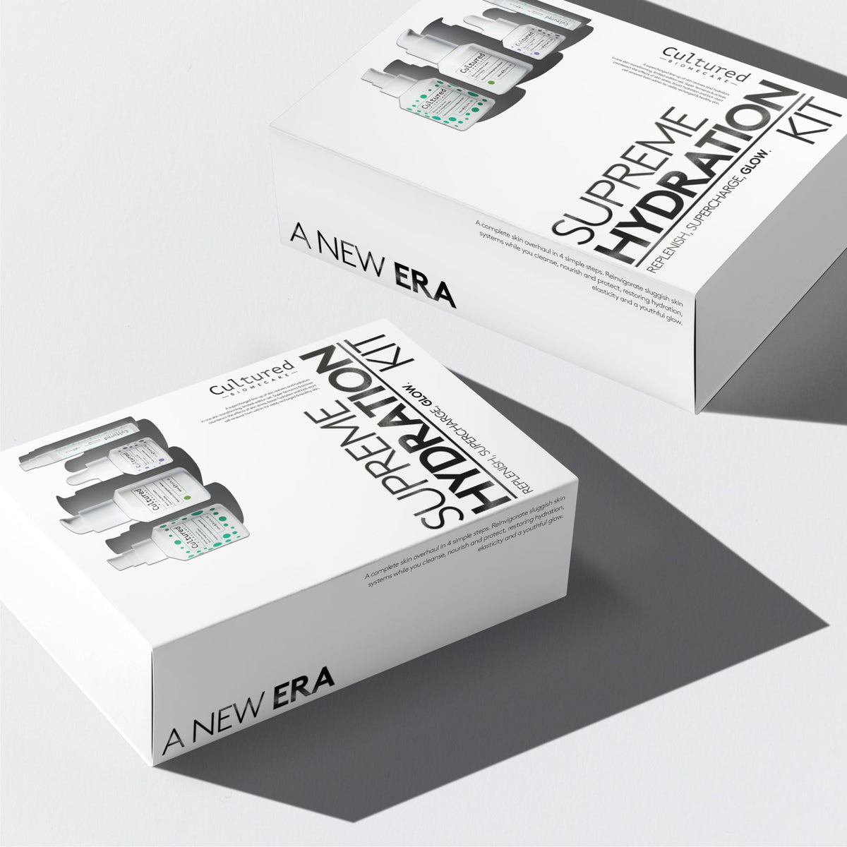 Two white product boxes for a 'Supreme Hydration Kit' by 'Gluired' and 'A New Era' arranged diagonally on a light gray background with soft shadows.