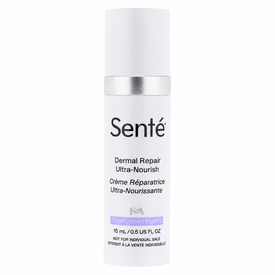 A white bottle of Senté Dermal Repair Ultra-Nourish cream with a silver metallic band and black text, set against a plain white background.