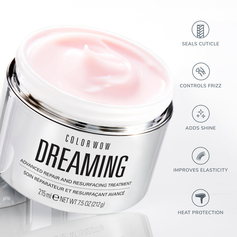 Color Wow Dreaming hair treatment jar with features listed on a white background