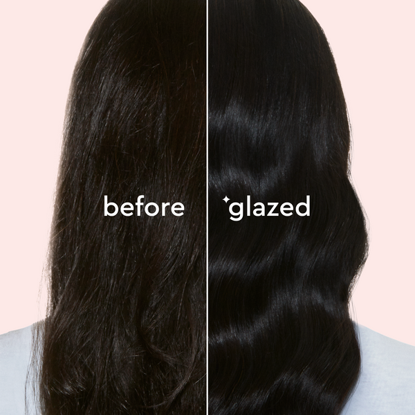 Comparison of hair before and after using a product labeled 'glazed' on a pink background.