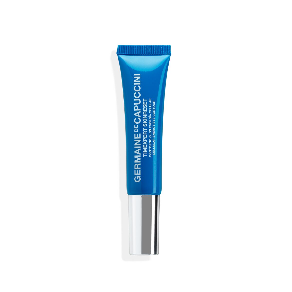 Blue skincare tube with white text on a white background