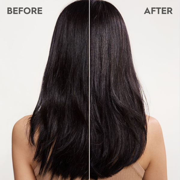 Before and after comparison of long black hair on a plain background