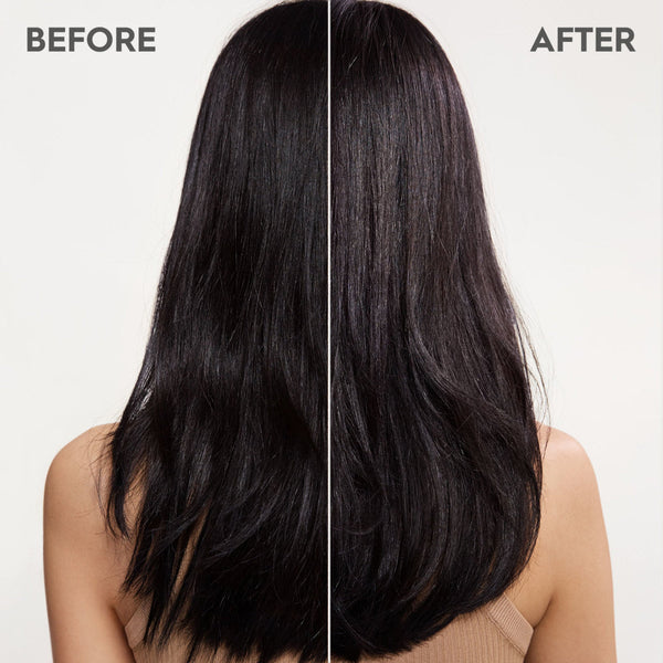 Before and after comparison of long black hair on a plain background