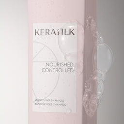 Kerastik shampoo bottle with a pink gradient and visible shampoo being applied.