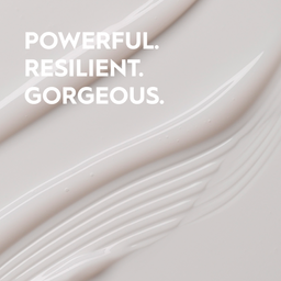 Text 'POWERFUL. RESILIENT. GORGEOUS.' over a light beige background with wavy patterns.