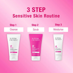 Three skincare products for a 3-step sensitive skin routine on a pink background.