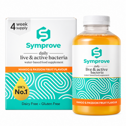 Symprove daily live & active bacteria water-based food supplement, Mango & Passion Fruit Flavour, shown as a white bottle with a teal and orange label next to its matching white and teal packaging box.