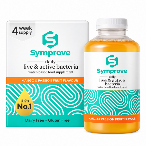Symprove daily live & active bacteria water-based food supplement, Mango & Passion Fruit Flavour, shown as a white bottle with a teal and orange label next to its matching white and teal packaging box.