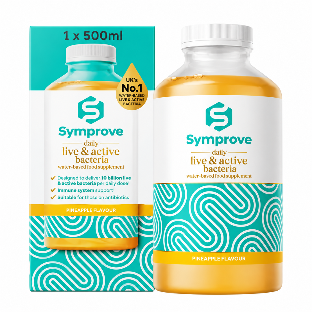Symprove daily live & active bacteria water-based food supplement in a 500ml bottle next to its teal and white packaging box, with pineapple flavour indicated on both.