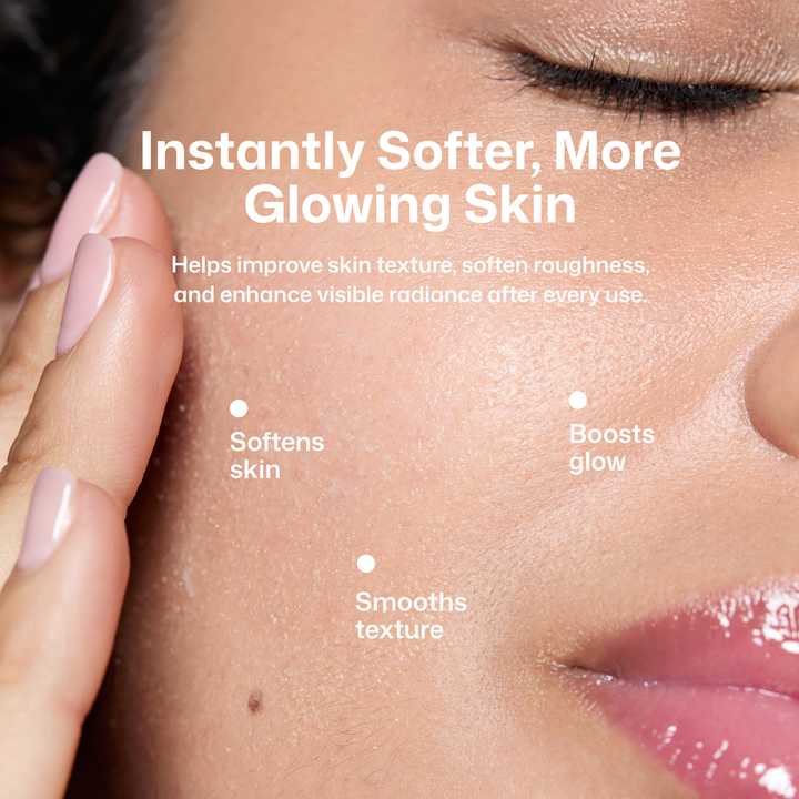 Close-up of a person's face with text reading 'Instantly Softer, More Glowing Skin' and callouts about softening skin, boosting glow, and smoothing texture.